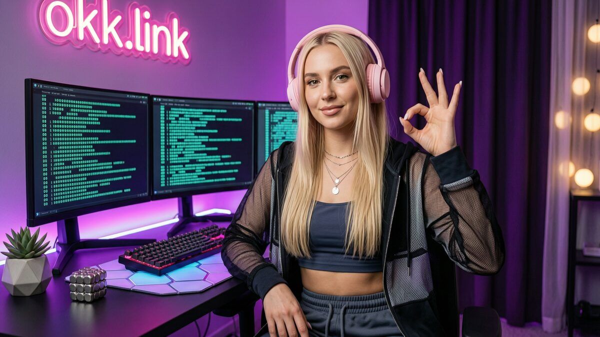 A young woman makes an OK hand gesture at a neon battlestation demonstrating the SHA-384 generator tool