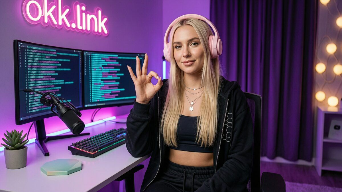 Young woman making an OK gesture at a neon-lit desk demonstrating the SHA-512/224 generator tool