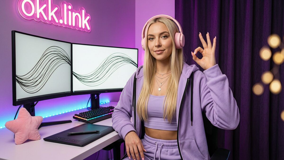 young woman demonstrating a signature generator tool at a neon streamer workspace