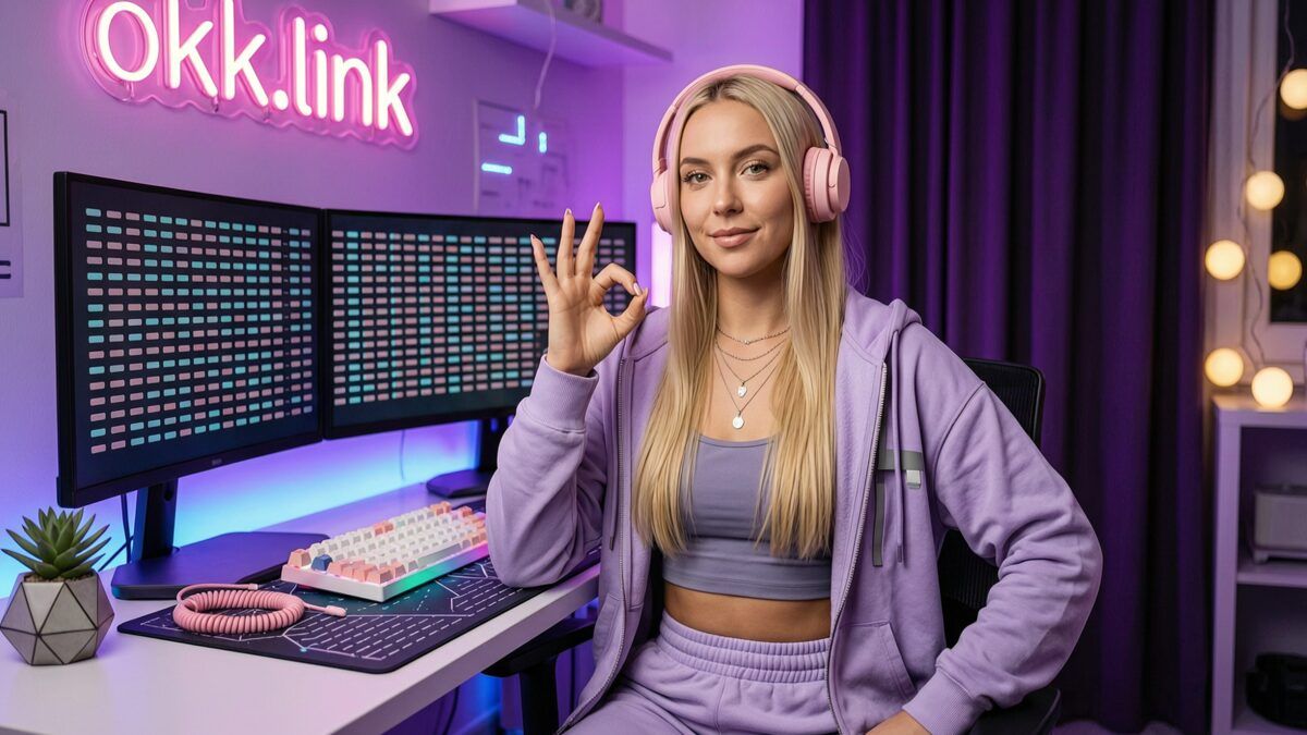 Young woman making an OK gesture at a neon workspace displaying a URL slug generator