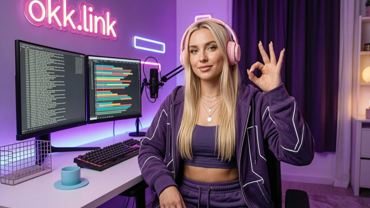 Young woman making an OK gesture at a neon-lit streamer desk displaying formatted SQL code on dual monitors