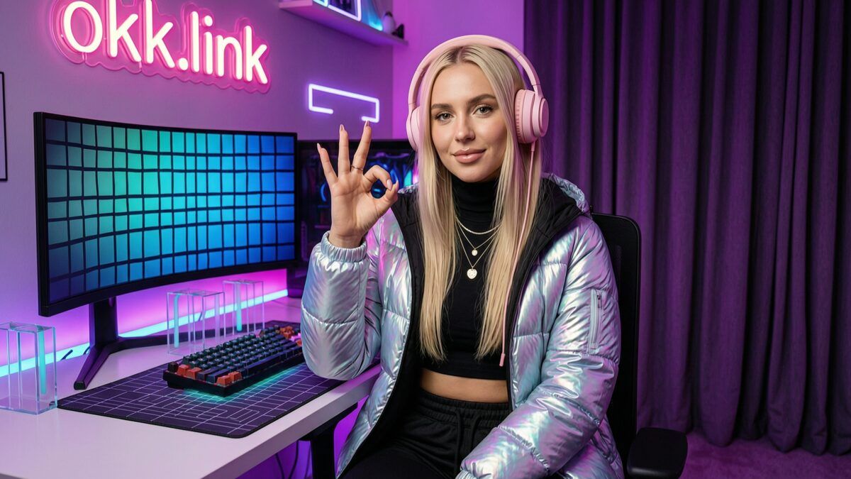 Young woman making an OK gesture at a neon desk demonstrating the text separator tool