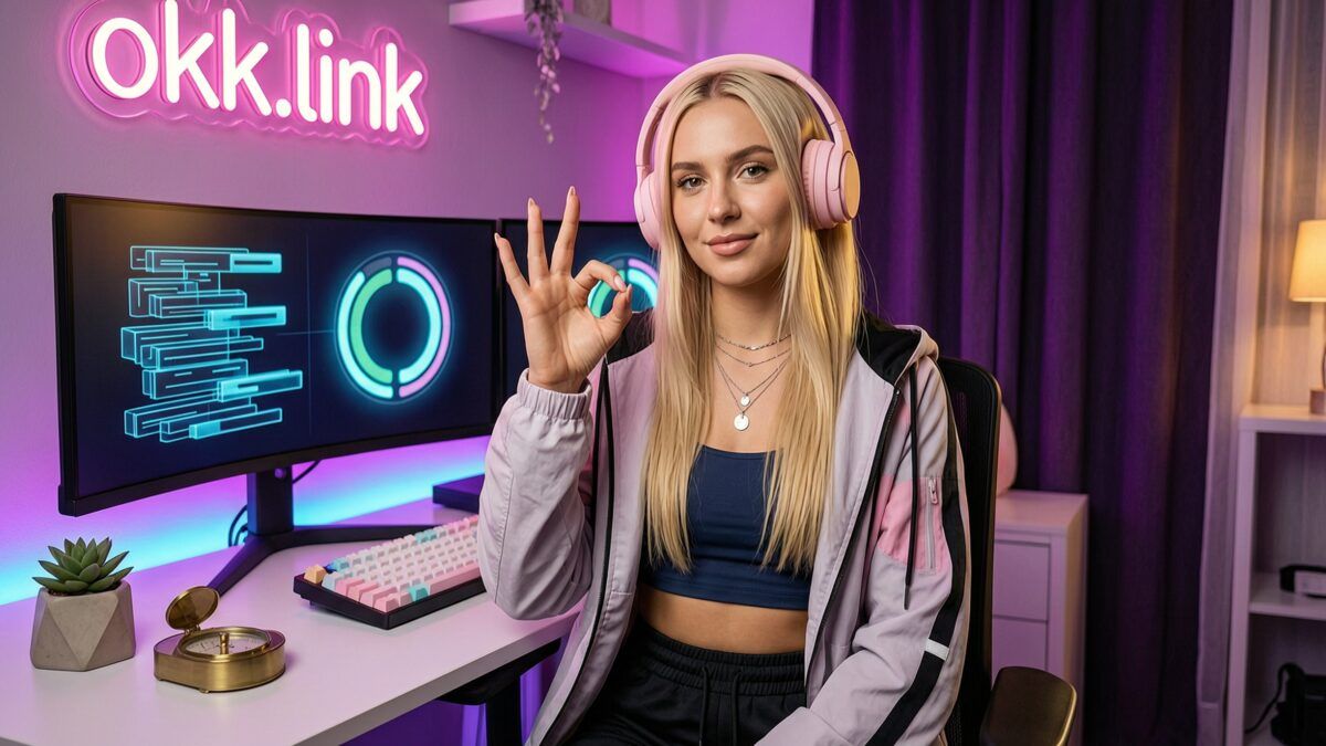 young woman at a neon streamer desk using a text size calculator