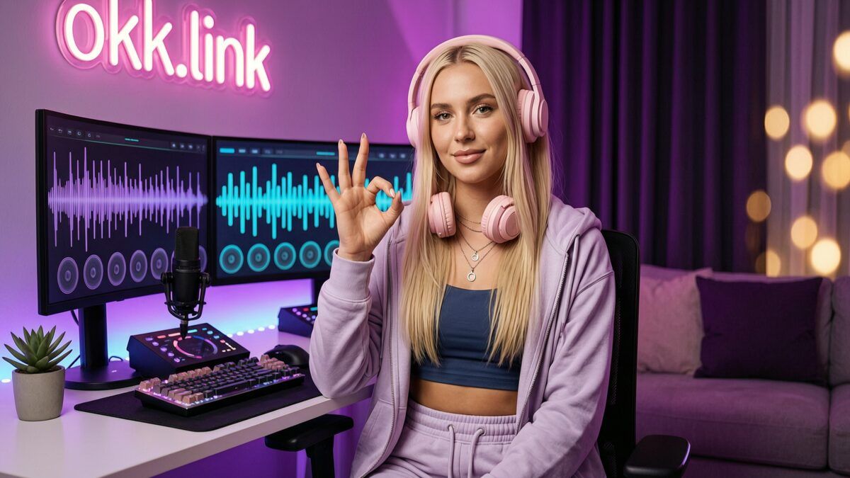 young woman making an OK gesture at a neon desk displaying audio waveforms for the text to speech tool