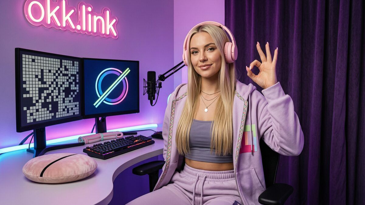 young woman making an OK gesture at a neon streamer setup visualizing a URL decoder