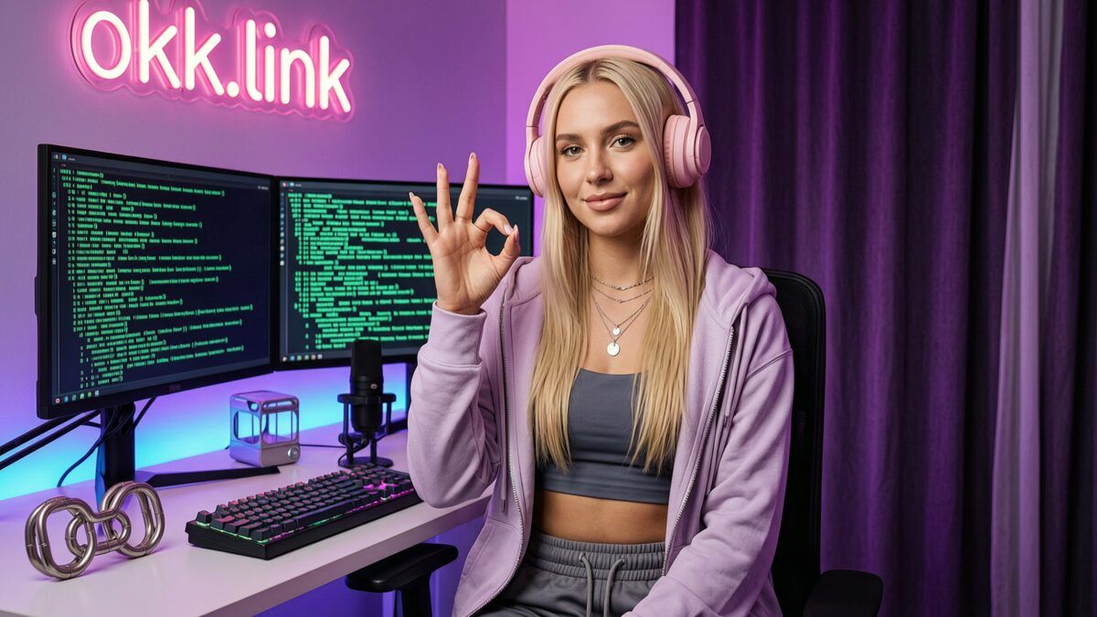 Young woman making an OK hand gesture at a neon streamer desk for the URL extractor