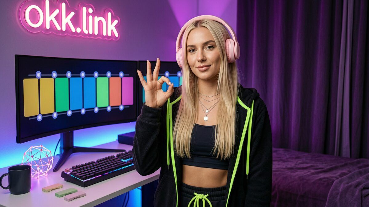 young woman demonstrating the URL parser tool at a neon streamer desk