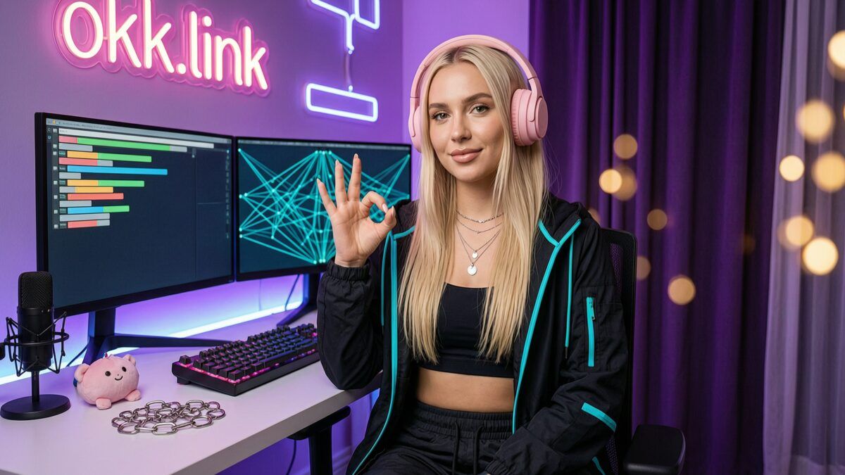 A young woman makes an OK gesture at a neon battlestation to demonstrate the UTM link generator