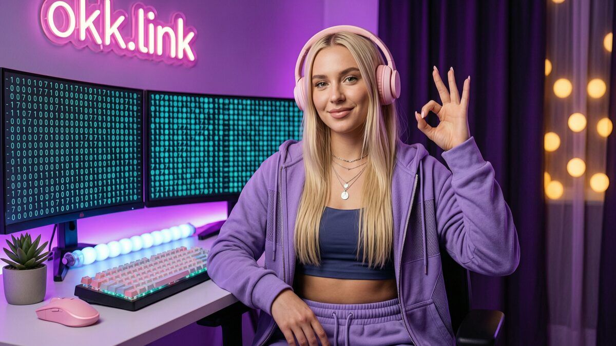 A young woman makes an OK gesture at a neon battlestation displaying generated UUID v4 identifiers