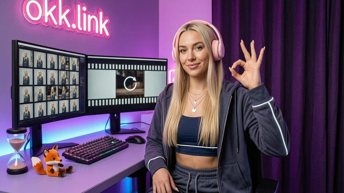 A young woman making an OK gesture at a glowing desk representing the WEBP to GIF tool