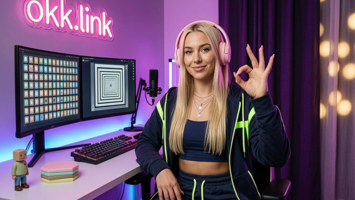 Young woman making an OK hand gesture at a neon-lit desk displaying the WEBP to ICO tool