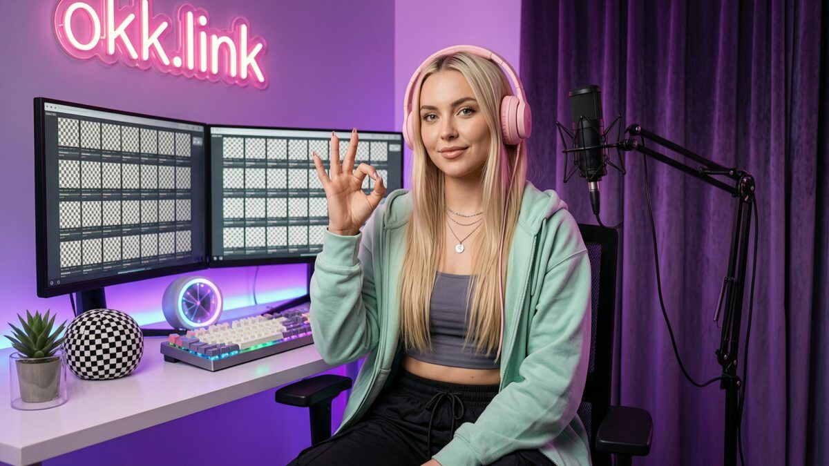 A young woman makes an OK hand gesture at a neon-lit desk for the WEBP to PNG online tool