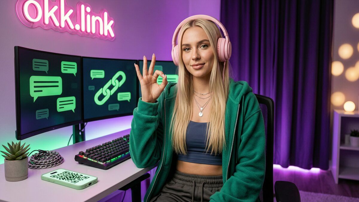 A young woman makes an OK gesture at a neon-lit desk for the WhatsApp link generator
