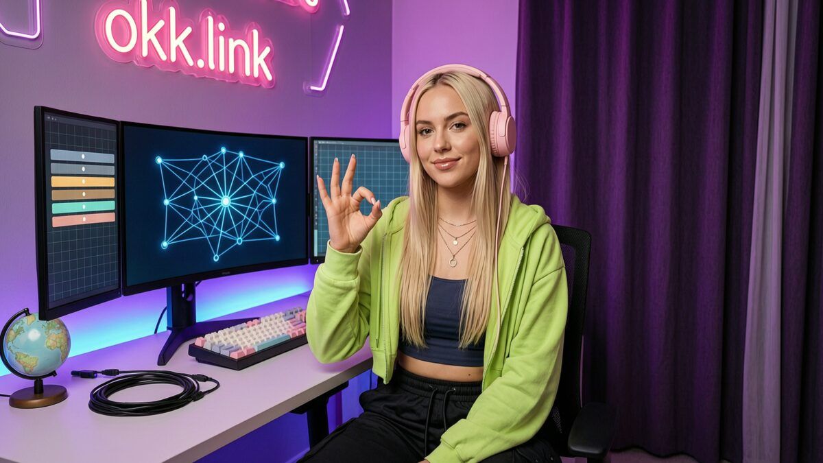 A young woman at a neon-lit streamer setup makes an OK gesture for the Whois Lookup tool
