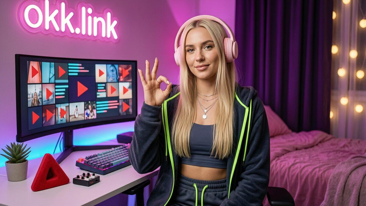 Young woman at a neon streamer desk using a YouTube thumbnail downloader