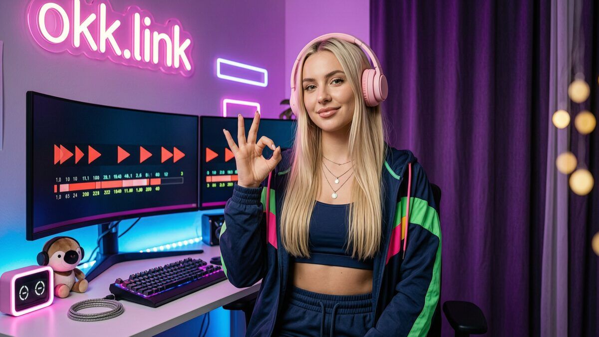 young woman demonstrating the YouTube timestamp link generator in a cozy neon streamer setup